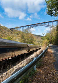 Railroad tracks by bridge against sky