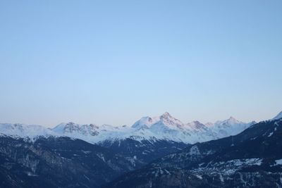 Scenic view of snowcapped mountains against clear sky