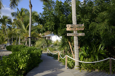 Information sign on footpath by palm trees