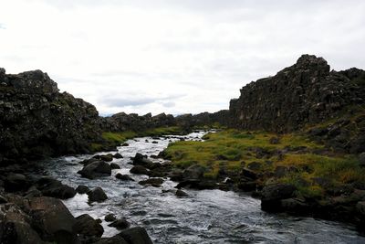 View of stream flowing through icelandic landscape