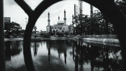 Reflection of trees and buildings in river