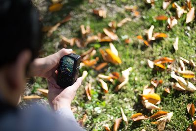 Cropped image of man photographing autumn leaves fallen on field with camera