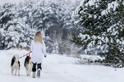 Rear view of woman with dog walking on snow covered land outdoors