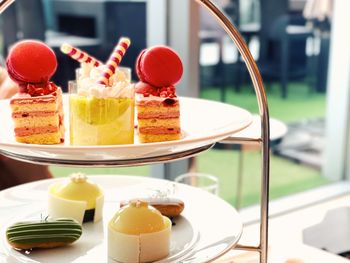 Close-up of cake served on table