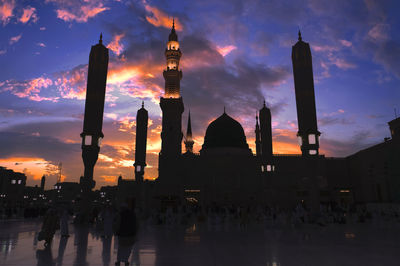 Panoramic view of temple and buildings against sky during sunset