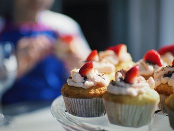 Closeup of strawberry muffins on table