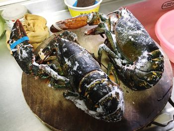 High angle view of lobsters on wood