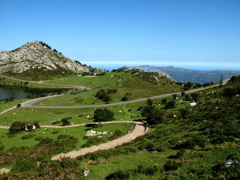 Scenic view of landscape against clear blue sky