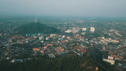 High angle view of townscape against sky in city