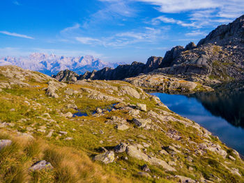 Scenic view of lake and mountains against sky