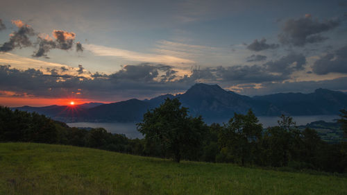 Scenic view of field against sky during sunset