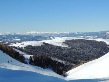 Scenic view of snowcapped mountains against clear sky