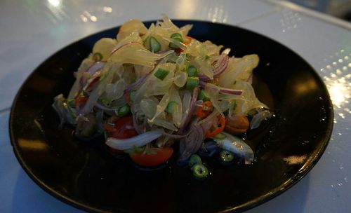 High angle view of food in plate