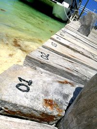 High angle view of text on beach