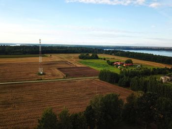 High angle view of agricultural field against sky