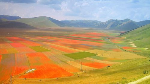 High angle view of field against sky