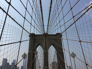 Low angle mesmerizing view of suspension bridge