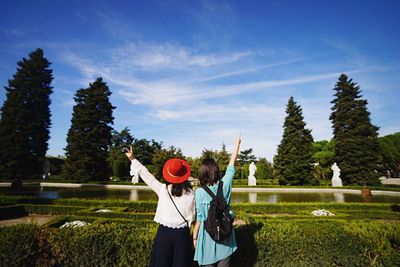 Rear view of friends gesturing against sky