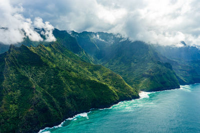 Scenic view of sea and mountains against sky