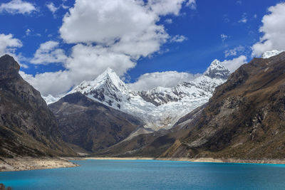 Scenic view of lake and snowcapped mountains against sky