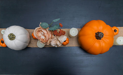 High angle view of pumpkins on table