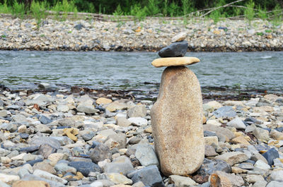 Stones on rock at beach