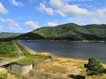 Scenic view of lake and mountains against sky