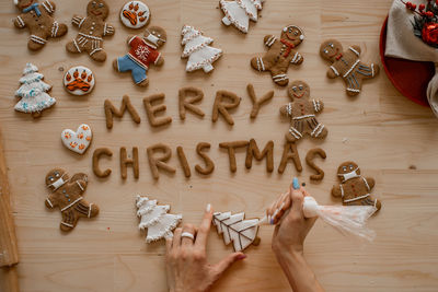High angle view of christmas decorations on table