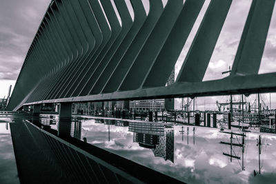 Reflection of bridge on river against sky in city