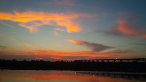 Scenic view of lake against romantic sky at sunset