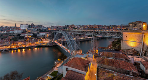 High angle view of dom luis i bridge over river amidst buildings in city