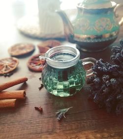 Close-up of drink in jar on table