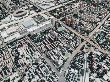 High angle view of street amidst buildings in city