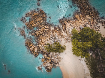 Aerial view of the beach and rocks from the top down