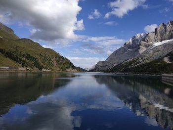 Scenic view of lake and mountains against sky