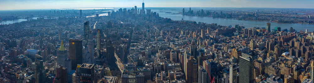 High angle view of modern buildings in city