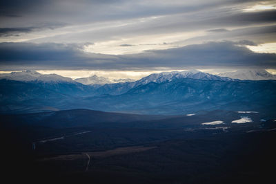 Mountain view, snowy peaks, rocks, highland, valley