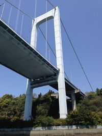 Low angle view of bridge against clear blue sky