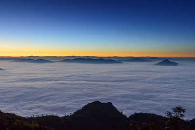 Scenic view of mountains against clear sky during sunset