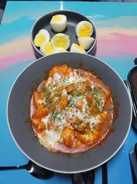 High angle view of food in plate on table