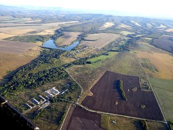 High angle view of agricultural field against sky