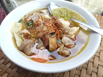 High angle view of food in bowl on table