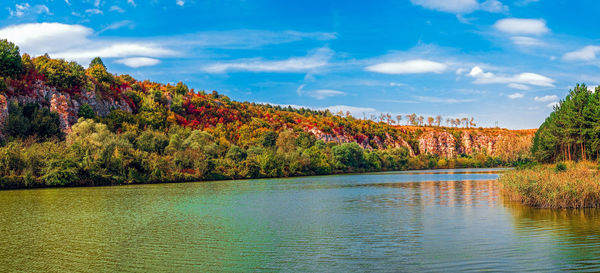 Scenic view of river against sky during autumn