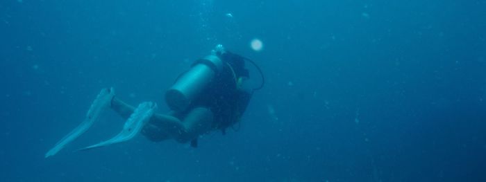 Panoramic view of scuba diver swimming in sea