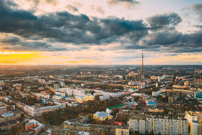 High angle view of townscape against sky during sunset