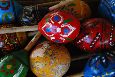 High angle view of multi colored easter eggs