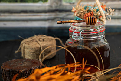 Close-up of jar on table