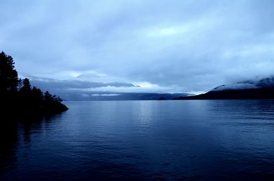 Scenic view of lake against cloudy sky