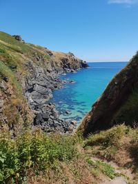 Scenic view of sea against clear blue sky