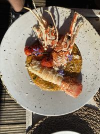 High angle view of breakfast in plate on table